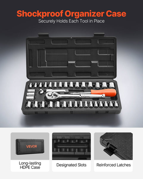 Vevor Socket Set 39 Pieces 9.5 & 6.4 Mm Drive And Ratchet Sae Metric Size Mechanic Tool Kit With Wrench Accessories Storage Case Cr V Alloy Steel For