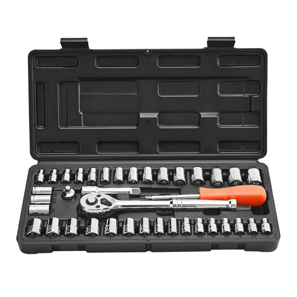 Vevor Socket Set 39 Pieces 9.5 & 6.4 Mm Drive And Ratchet Sae Metric Size Mechanic Tool Kit With Wrench Accessories Storage Case Cr V Alloy Steel For