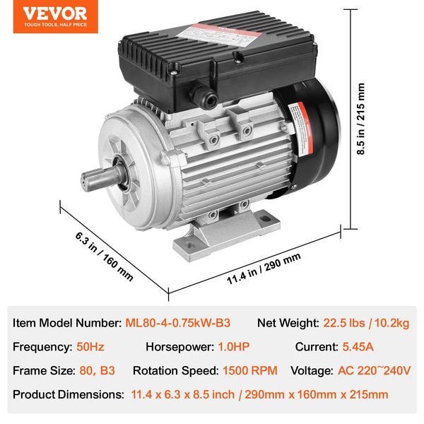 Vevor 0.75Kw Electric Motor 1400 Rpm Ac 220~240V 5.45A 80 B3 Frame Air Compressor Single Phase 19Mm Keyed Shaft Cw/Ccw Rotation For Agricultural Machi