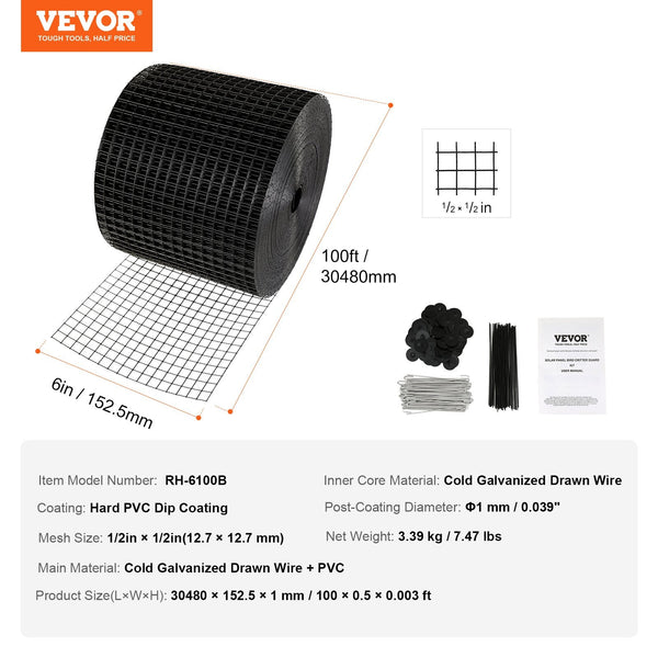 Vevor 6In X 100Ft Solar Panel Bird Guard Critter Roll Kit 100Pcs Fasteners Solar Panels & Kits