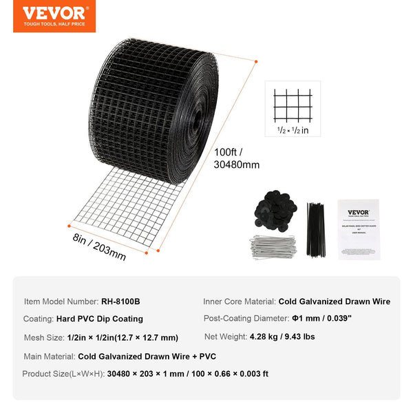 Vevor 8In X 100Ft Solar Panel Bird Guard Critter Roll Kit 100Pcs Fasteners Small Animal Supplies
