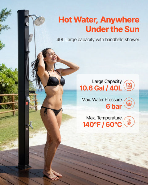 40L Solar Heated Shower 205Cm Showerhead Height Outdoor With Handheld & Foot Faucet Hot Cold Water Adjustment Freestanding For Backyard Poolside Beach