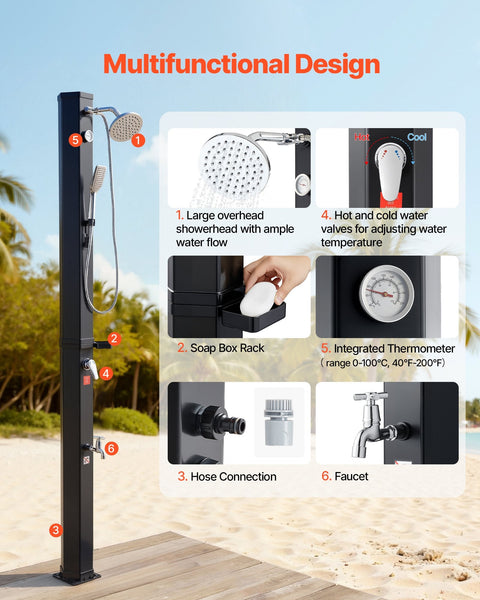 40L Solar Heated Shower 205Cm Showerhead Height Outdoor With Handheld & Foot Faucet Hot Cold Water Adjustment Freestanding For Backyard Poolside Beach