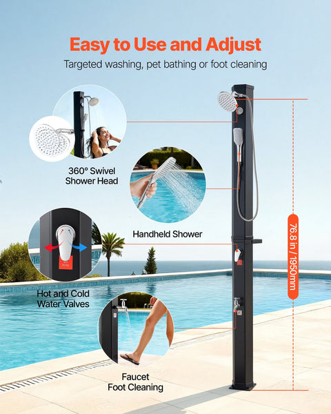 40L Solar Heated Shower 205Cm Showerhead Height Outdoor With Handheld & Foot Faucet Hot Cold Water Adjustment Freestanding For Backyard Poolside Beach