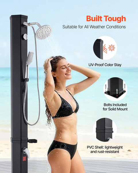 40L Solar Heated Shower 205Cm Showerhead Height Outdoor With Handheld & Foot Faucet Hot Cold Water Adjustment Freestanding For Backyard Poolside Beach