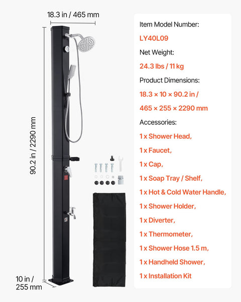 40L Solar Heated Shower 205Cm Showerhead Height Outdoor With Handheld & Foot Faucet Hot Cold Water Adjustment Freestanding For Backyard Poolside Beach