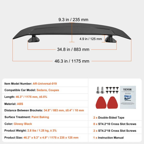 Universal Rear Spoiler 46.3'' Gt Style Trunk Wing For Sedans And Coupes Mouldings Trim
