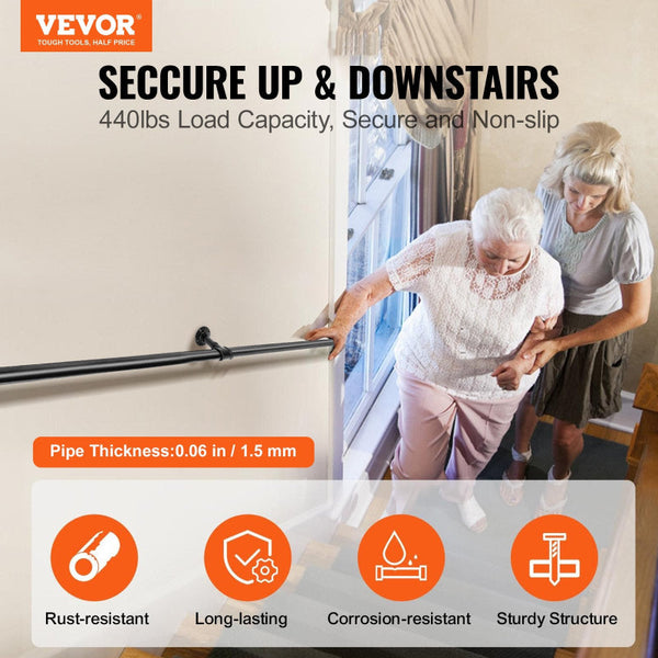 Pipe Stair Handrail 1.8M Staircase 200Kg Load Capacity Carbon Steel Industrial With Wall Mount Support Round Corner Handrailings For Indoor Outdoor Di