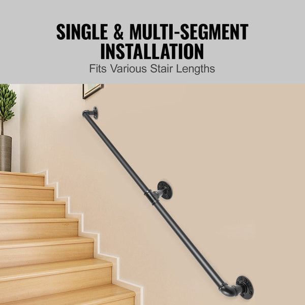 Pipe Stair Handrail 1.8M Staircase 200Kg Load Capacity Carbon Steel Industrial With Wall Mount Support Round Corner Handrailings For Indoor Outdoor Di