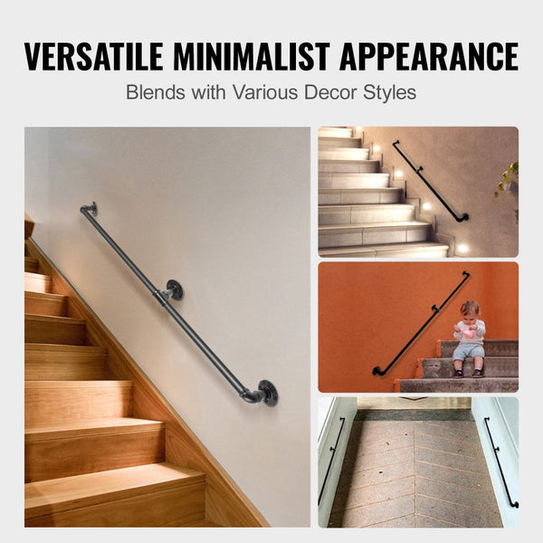 Pipe Stair Handrail 1.8M Staircase 200Kg Load Capacity Carbon Steel Industrial With Wall Mount Support Round Corner Handrailings For Indoor Outdoor Di