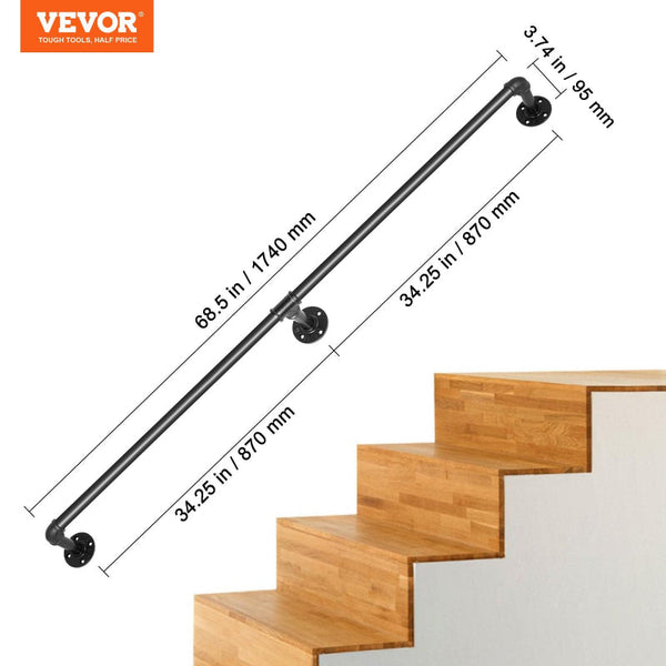 Pipe Stair Handrail 1.8M Staircase 200Kg Load Capacity Carbon Steel Industrial With Wall Mount Support Round Corner Handrailings For Indoor Outdoor Di
