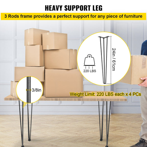 Hairpin Table Legs 24 Inch Black Set Of Desk Each 220Lbs Capacity 3 Rods For Bench Dining End Chairs Carbon Steel Diy Heavy Duty Furniture Dining Tabl