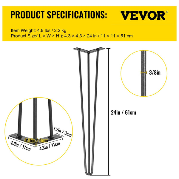 Hairpin Table Legs 24 Inch Black Set Of Desk Each 220Lbs Capacity 3 Rods For Bench Dining End Chairs Carbon Steel Diy Heavy Duty Furniture Dining Tabl