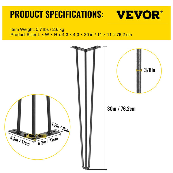 Vevor Hairpin Table Legs 30 Inch Black Set Of 4 Desk Legs Each 220Lbs Capacity Hairpin Desk Legs 3 Rods For Bench Desk Dining End Table Chairs Carbon