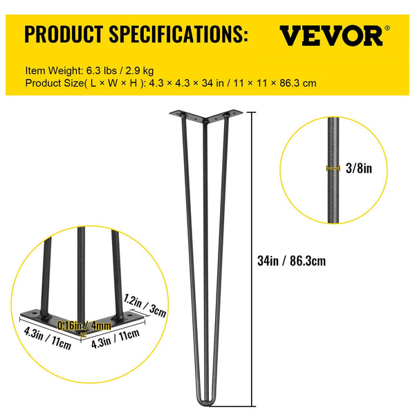 Vevor Hairpin Table Legs 34 Inch Black Set Of Desk Each 220Lbs Capacity Rods For Bench Dining End Chairs Carbon Steel Diy Heavy Duty Furniture Dining