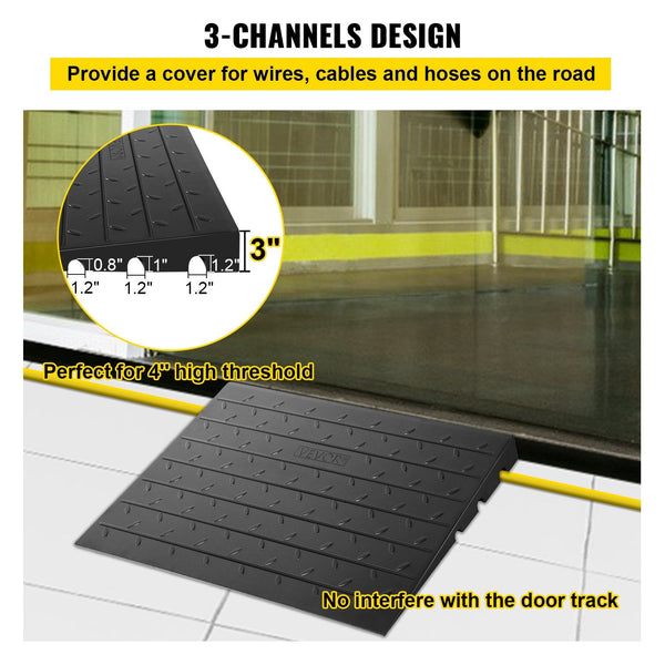 Vevor Rubber Threshold Ramp 7.62 Cm Rise Doorway 3 Channels Cord Cover Solid Angled Entry Rated 997.9 Kg Load Capacity For Wheelchair And Scooter Driv