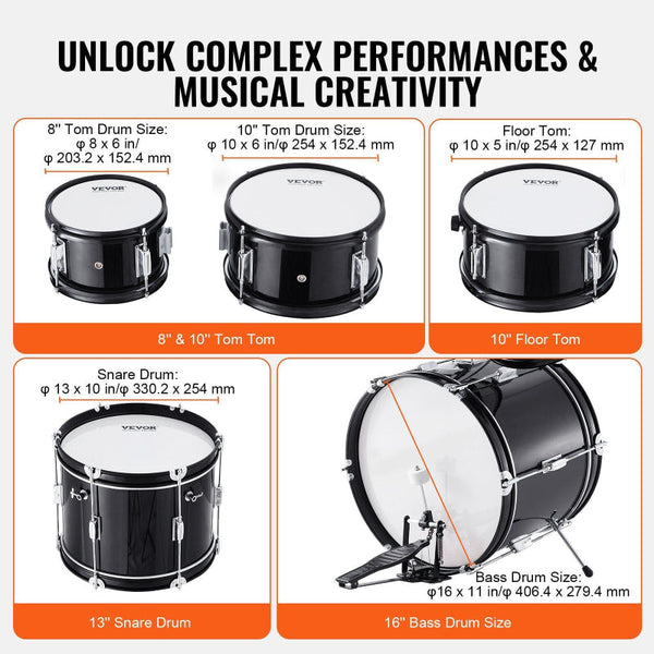 Kids Drum Set 5 Piece 406.4 Mm Beginner Full With Bass Toms Snare Floor Adjustable Throne Cymbal Hi Hat Pedal And Two Pairs Of Drumsticks Starter Kit