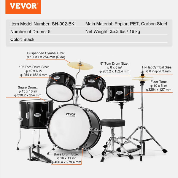 Kids Drum Set 5 Piece 406.4 Mm Beginner Full With Bass Toms Snare Floor Adjustable Throne Cymbal Hi Hat Pedal And Two Pairs Of Drumsticks Starter Kit