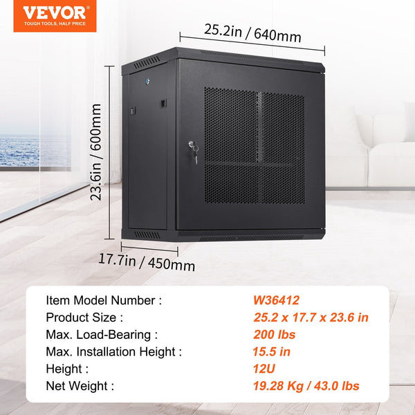 Vevor 12U Wall Mount Network Server Cabinet 15.5'' Deep Rack Enclosure 200 Lbs Max. Ground Mounted Load Capacity With Locking Door Side Panels For It