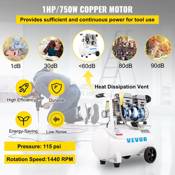Air Compressor 6.6 Gallon Portable 1 Hp Oil Free Steel Tank 750W Pancake 115 Psi Ultra Quiet For Home Repair Tire Inflation Air Compressors