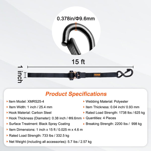 4 Pack Ratchet Tie Down Straps 2200 Lbs 1"X15' Heavy Duty For Cargo Ratchet Wrenches