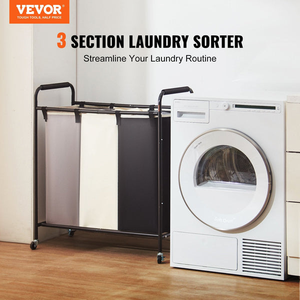 Vevor 3 Section Laundry Basket Heavy Duty Hamper Storage Organizer Sorter Cart With Lockable Wheels For Dirty Clothes In Room Bedroom Laundry Baskets