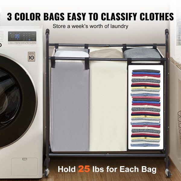 Vevor 3 Section Laundry Basket Heavy Duty Hamper Storage Organizer Sorter Cart With Lockable Wheels For Dirty Clothes In Room Bedroom Laundry Baskets