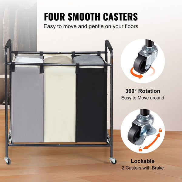 Vevor 3 Section Laundry Basket Heavy Duty Hamper Storage Organizer Sorter Cart With Lockable Wheels For Dirty Clothes In Room Bedroom Laundry Baskets