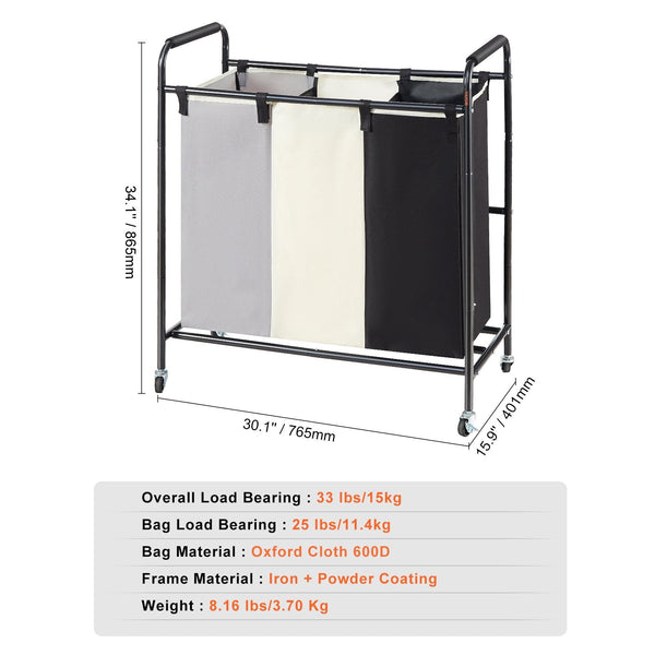 Vevor 3 Section Laundry Basket Heavy Duty Hamper Storage Organizer Sorter Cart With Lockable Wheels For Dirty Clothes In Room Bedroom Laundry Baskets