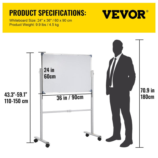 Vevor Mobile Dry Erase Board Magnetic Whiteboard W/ Stand 60 X 90Cm Double Sided Whiteboards
