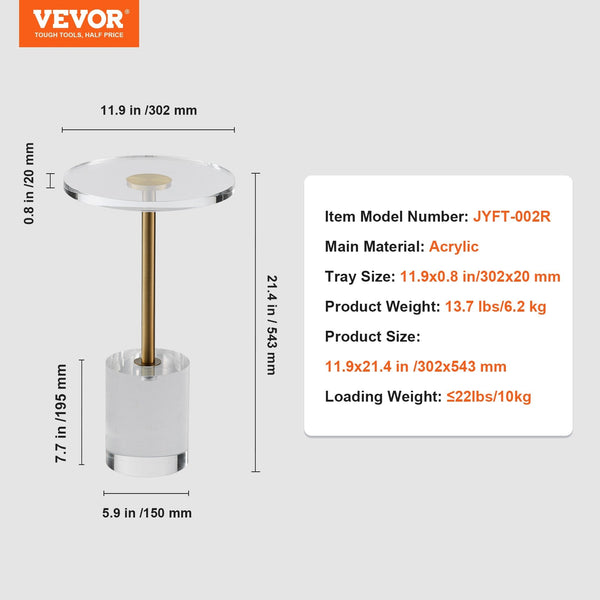 Vevor Clear Acrylic End Table Side With Solid Base 11.9 X Inch Round Tabletop 21.4 High For Coffee Drink Food Snack Used Living Room Bedroom And Study