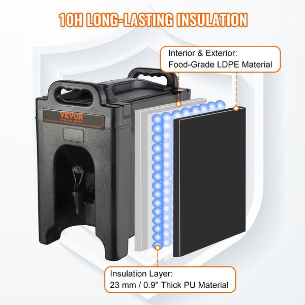Vevor Insulated Beverage Dispenser 9.5 L Food Grade Ldpe Hot And Cold Server Thermal Drink Cooler With 23 Mm Pu Layer Two Stage Faucet Handle For Rest