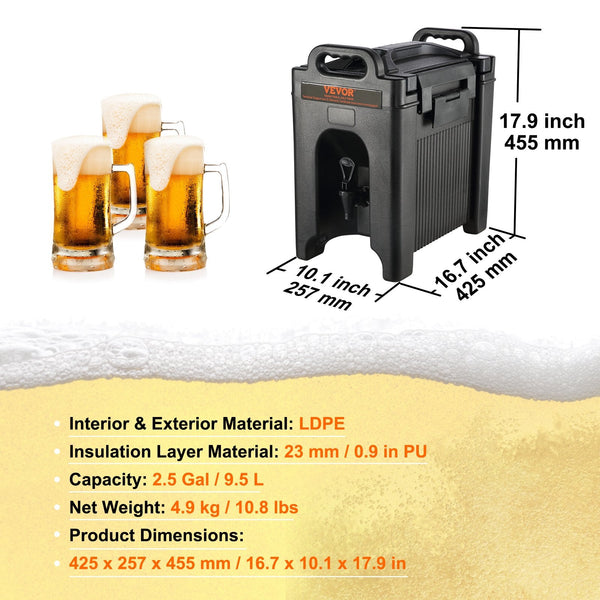 Vevor Insulated Beverage Dispenser 9.5 L Food Grade Ldpe Hot And Cold Server Thermal Drink Cooler With 23 Mm Pu Layer Two Stage Faucet Handle For Rest