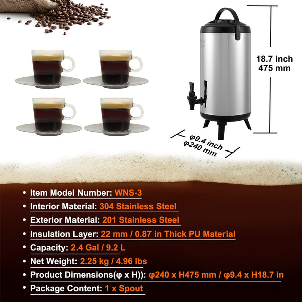 Vevor Stainless Steel Insulated Beverage Dispenser 9.2 Liter Thermal Hot And Cold Drink Server With Spigot Handle Food Grade For Tea Coffee Water Rest