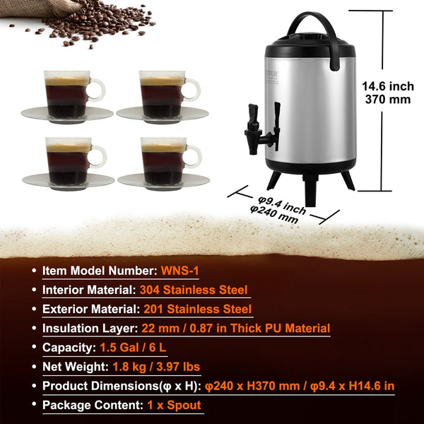 Stainless Steel Insulated Beverage Dispenser 6 Liter Thermal Hot And Cold Drink Server With Spigot Handle Food Grade For Tea Coffee Water Restaurant S