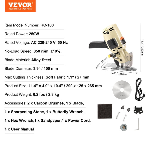 Fabric Cutter 250W Electric Rotary Cutting Machine 1.1" Thickness Octagonal Knife With Replacement Blade And Sharpening Stones For Multi Layer Cloth L