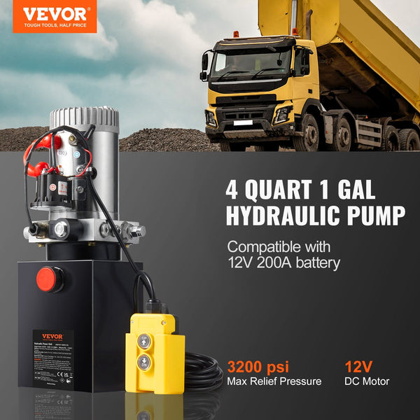 Vevor Hydraulic Pump 4 Quart Power Unit Single Acting Dump Trailer 0.91 Gpm Flow Rate 3200 Psi Max Relief Pressure Dc 12V For Car Lifting Other Pipe T
