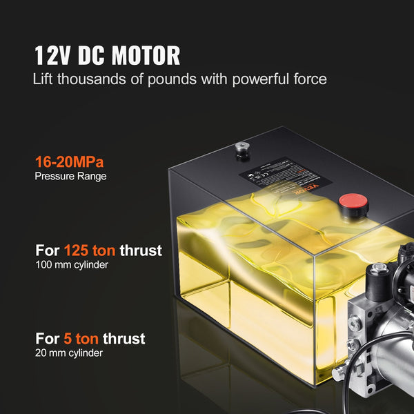 Vevor Hydraulic Pump 4 Quart Power Unit Single Acting Dump Trailer 0.91 Gpm Flow Rate 3200 Psi Max Relief Pressure Dc 12V For Car Lifting Other Pipe T