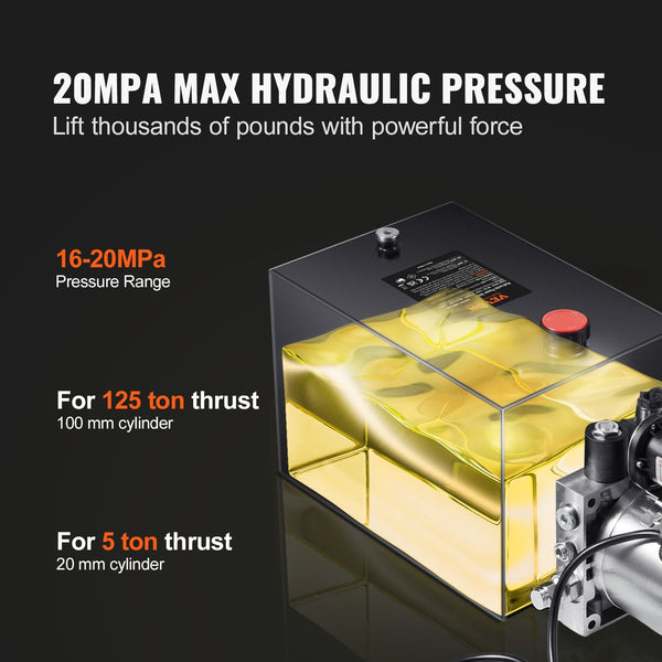 Vevor Hydraulic Pump 8 Quart Power Unit Single Acting Dump Trailer 0.91 Gpm Flow Rate 3200 Psi Max Relief Pressure Dc 12V For Car Lifting Other Pipe T