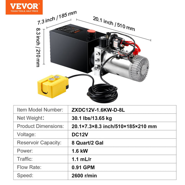 Vevor Hydraulic Pump 8 Quart Power Unit Single Acting Dump Trailer 0.91 Gpm Flow Rate 3200 Psi Max Relief Pressure Dc 12V For Car Lifting Other Pipe T