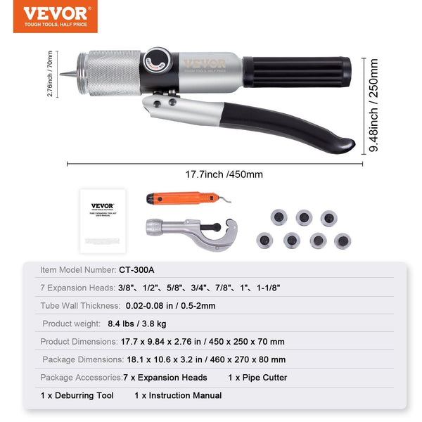 Hydraulic Tube Expander 3/8" To 1 1/8" Od Havc Swaging Tool With 7 Pipe Heads Deburring Cutter For Copper Aluminum Brass Soft Steel Pipes Other Hand T