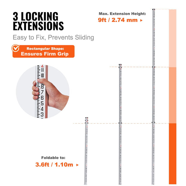 9Ft Telescopic Aluminum Leveling Rod 3 Section Survey Measuring Stick Key Safes Boxes & Hideaways