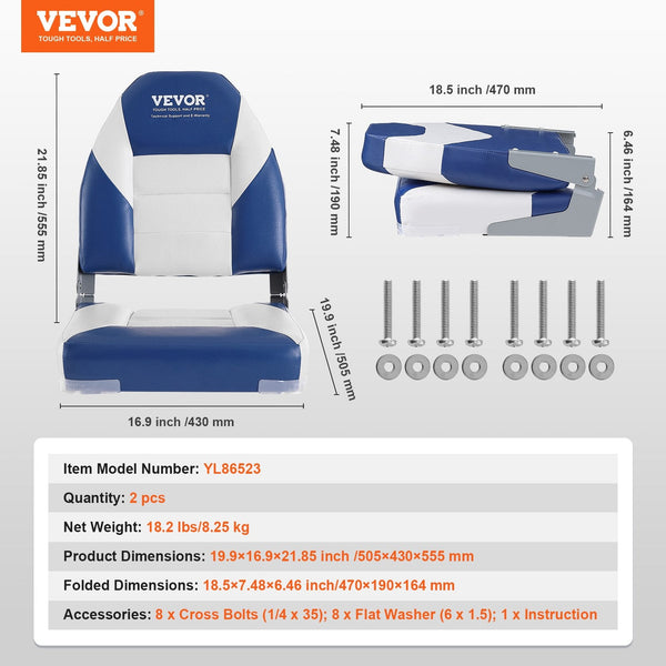 Vevor 555 Mm High Back Folding Chair With Thickened Sponge Padding And Hinge Down Captain Chairs For Fishing Sightseeing Speedboat Canoe 2 Pack Boat S