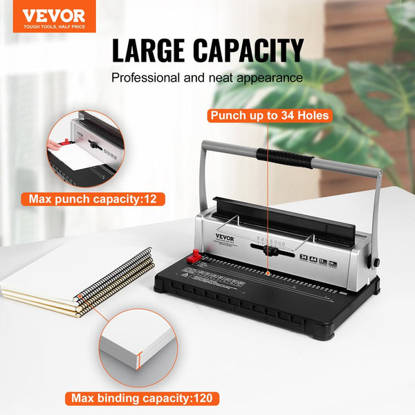 Vevor Coil Spiral Binding Machine Manual Book Maker 34 Hole 120 Sheets Punch Binder With Adjustable 3/16" 9/16" Spines And Side Margin For Letter Size