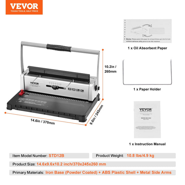 Vevor Coil Spiral Binding Machine Manual Book Maker 34 Hole 120 Sheets Punch Binder With Adjustable 3/16" 9/16" Spines And Side Margin For Letter Size