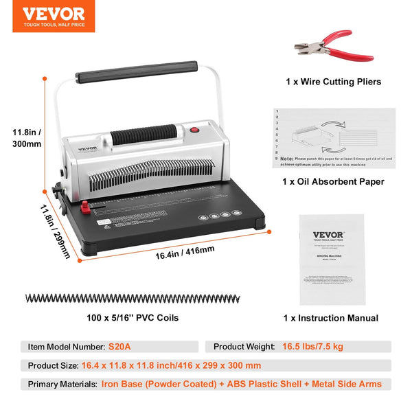 Vevor Coil Spiral Binding Machine Manual Book Maker With Electric 46 Holes 500 Sheets Punch Binder 100Pcs 5/16'' Spines For Letter Size A4 A5 School S