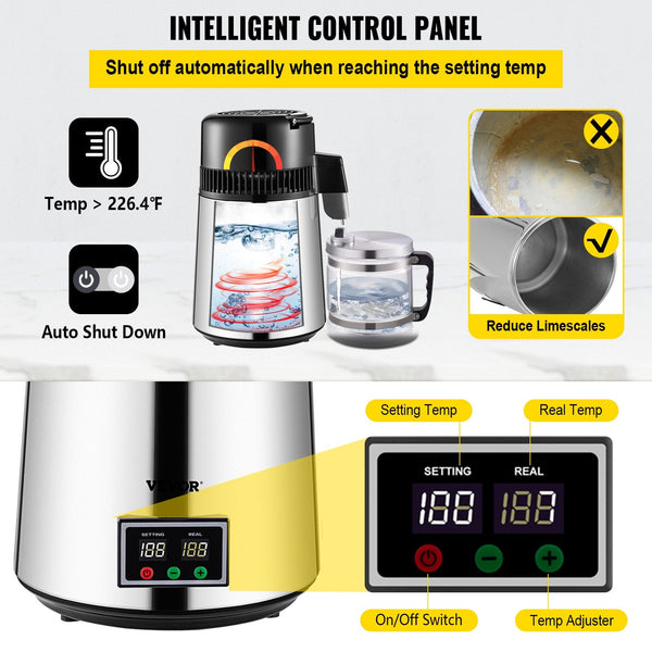 Vevor 1.1 Gal Water Distiller 0.3 Gal/H 750W Distilled Maker Machine 99H Timing Set Temp Display 304 Stainless Steel Countertop Glass Carafe Cleaning