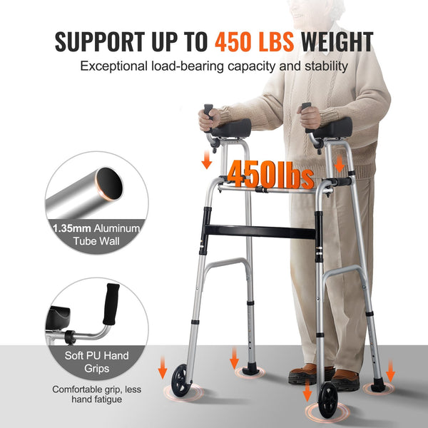 2 In 1 Folding Walker And Removable Armrests Height Adjustable Foldable With 5Inch Solid Wheels Lightweight Aluminum Front Wheeled Mobility Aid For El