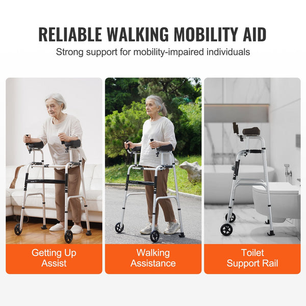 2 In 1 Folding Walker And Removable Armrests Height Adjustable Foldable With 5Inch Solid Wheels Lightweight Aluminum Front Wheeled Mobility Aid For El