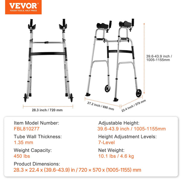 2 In 1 Folding Walker And Removable Armrests Height Adjustable Foldable With 5Inch Solid Wheels Lightweight Aluminum Front Wheeled Mobility Aid For El